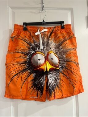Men's Orange Graphic Board Shorts with Playful Bird Face